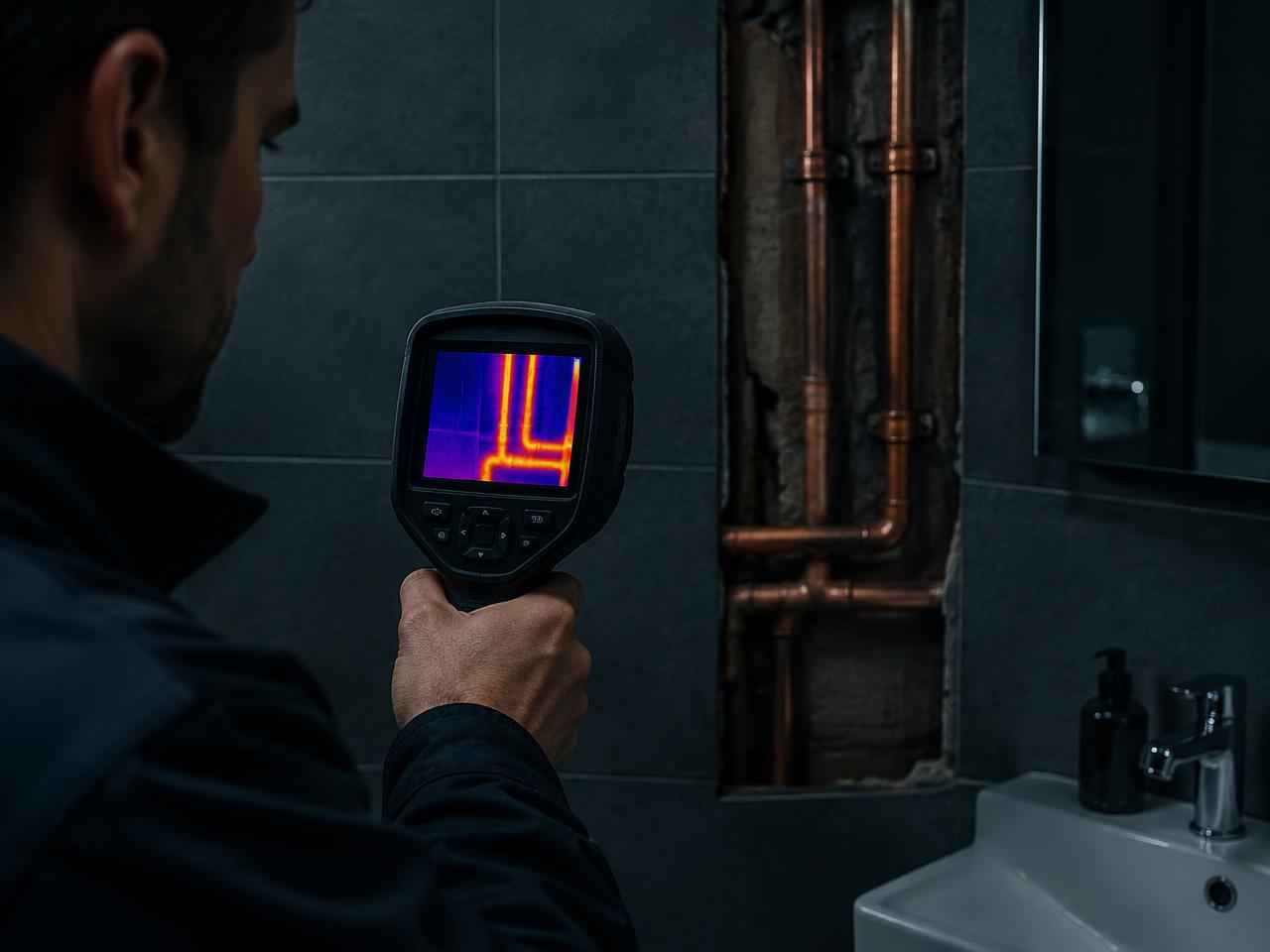 Technicus inspecteert leidingen achter een badkamerwand met een warmtebeeldcamera